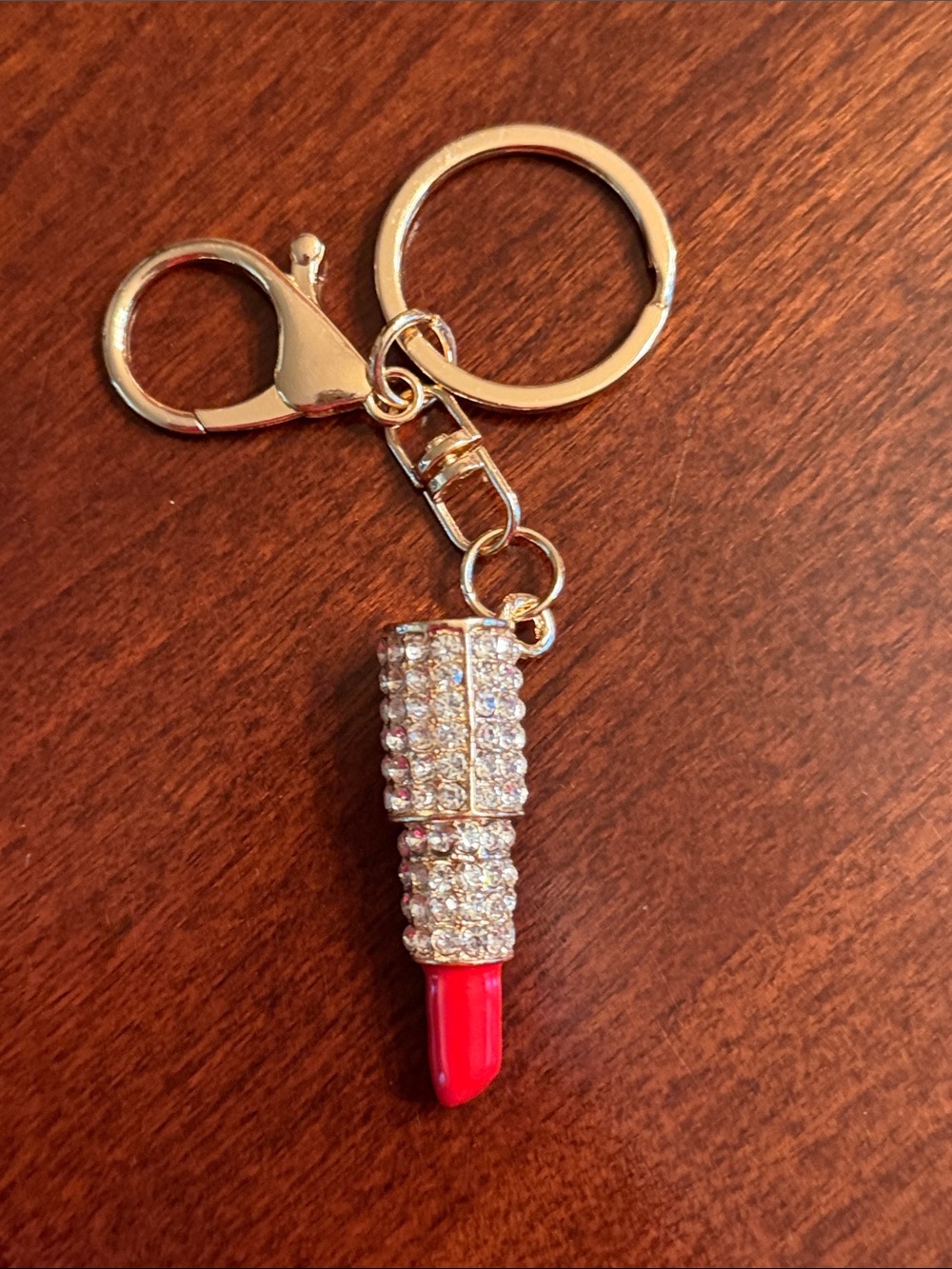 Gold Rhinestone Lipstick Keychain - Red - Picture 3 of 7